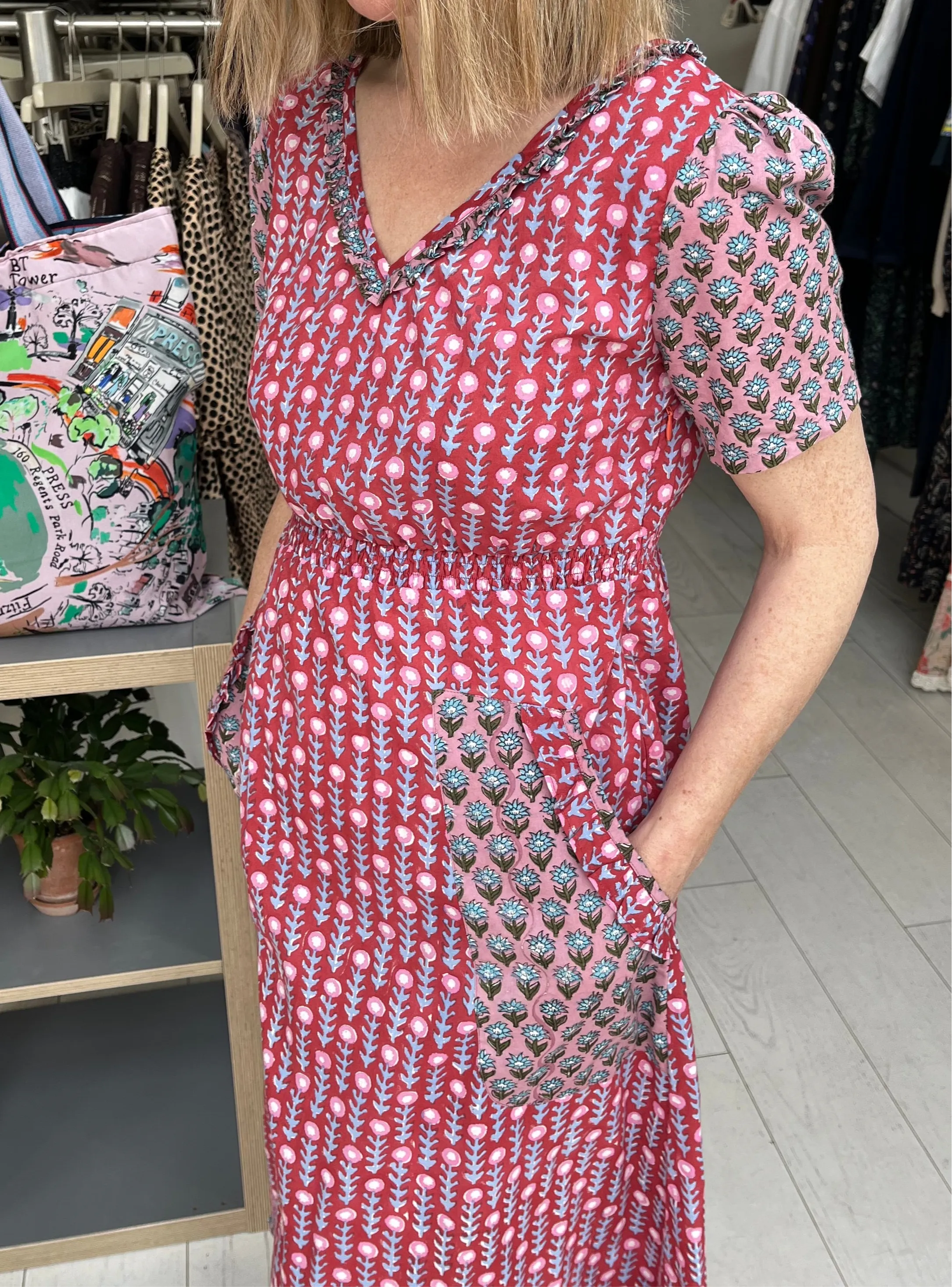 Maria Midi Dress In Red & Pink Woodblock Print