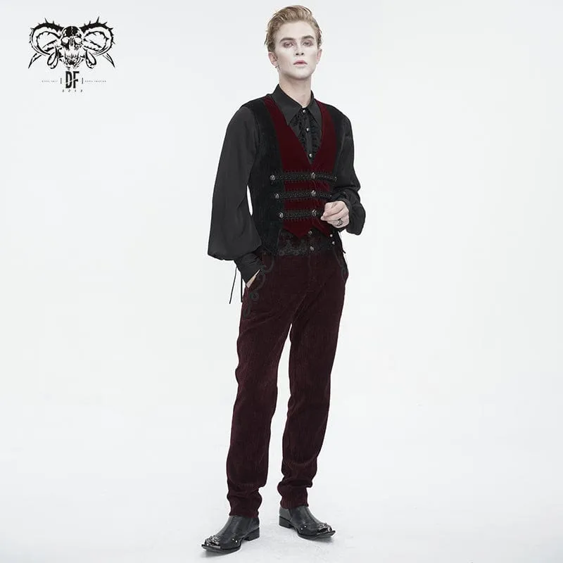 Men's Gothic Irregular Velvet Splice Corduroy Waistcoat Red