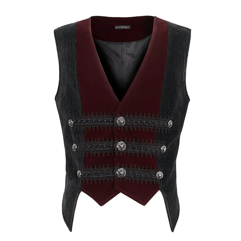 Men's Gothic Irregular Velvet Splice Corduroy Waistcoat Red