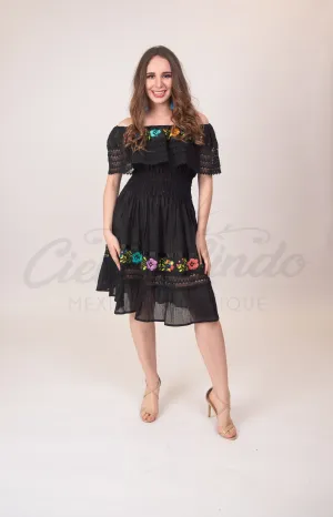 Mexican Campesina Midi Dress Black