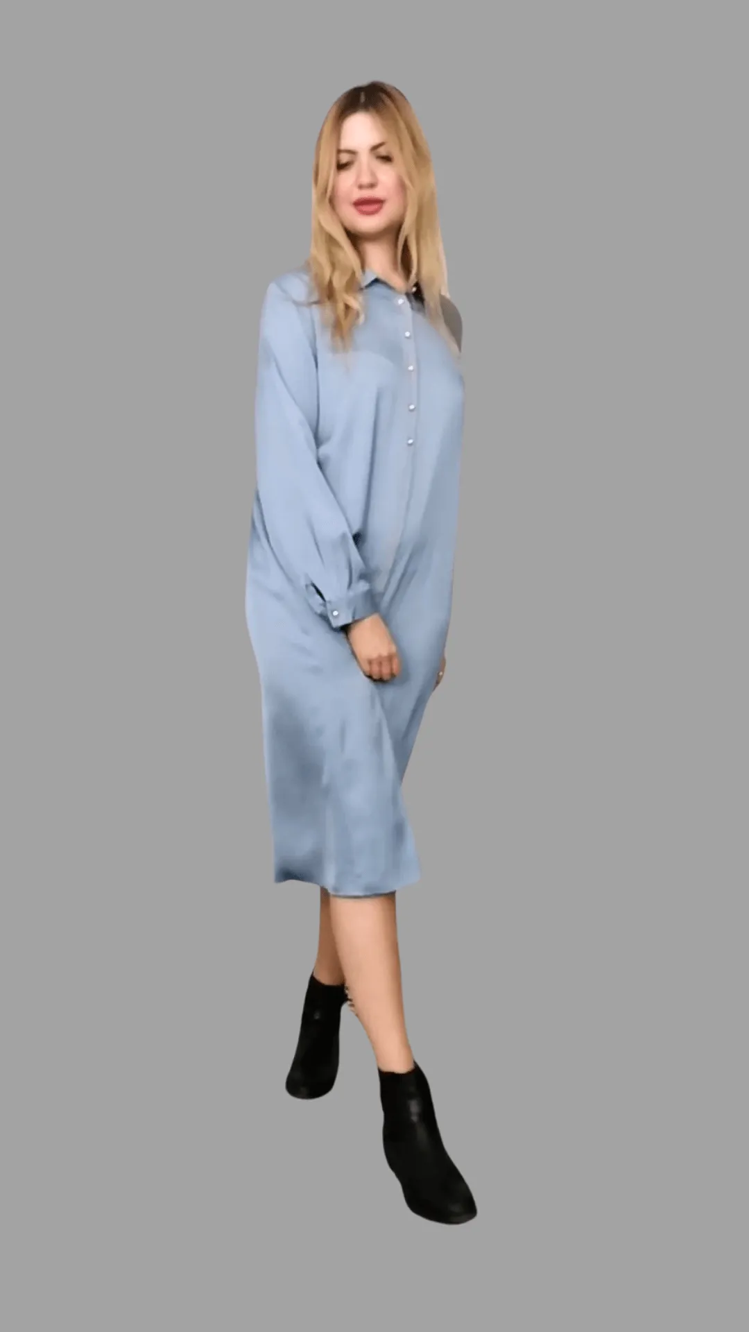 Mulberry Silk Dress with long Sleeves in Pale Grey Blue with Embroidery Design one size