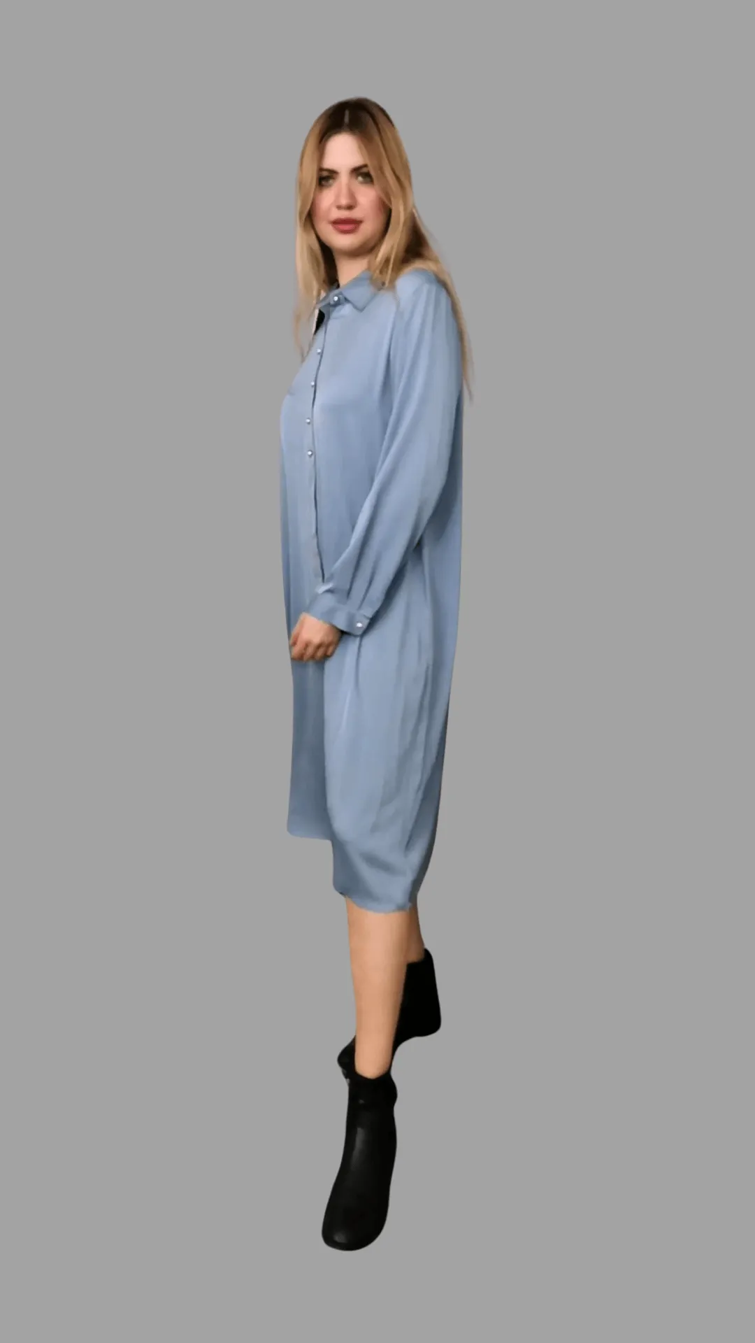 Mulberry Silk Dress with long Sleeves in Pale Grey Blue with Embroidery Design one size