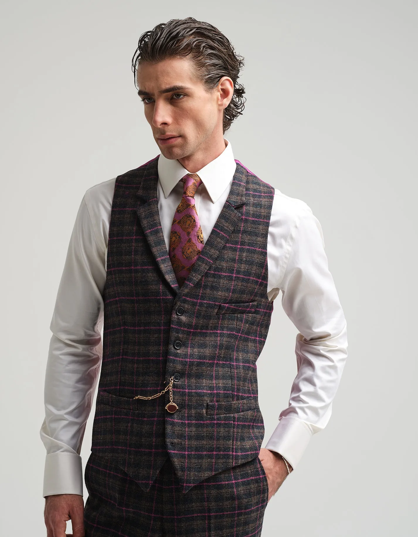 Navy & Pink Tweed Check Waistcoat