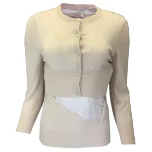 Nina Ricci Blush Lace Trimmed Cashmere and Silk Knit Cardigan Sweater