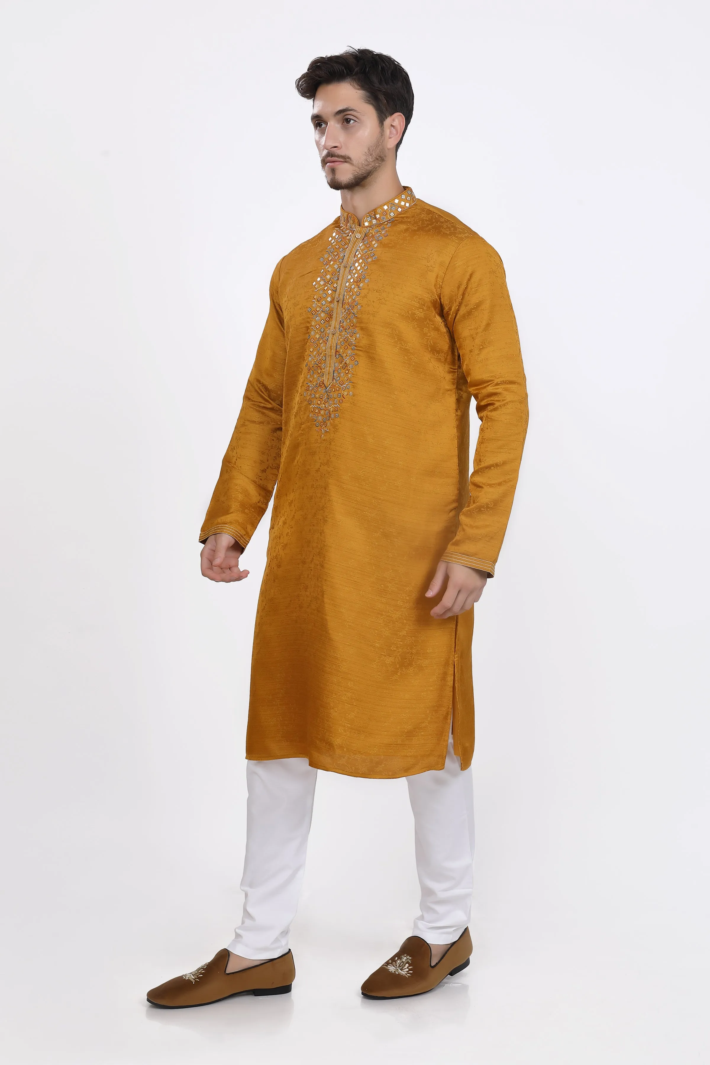 Ochre yellow mens kurta pyjama