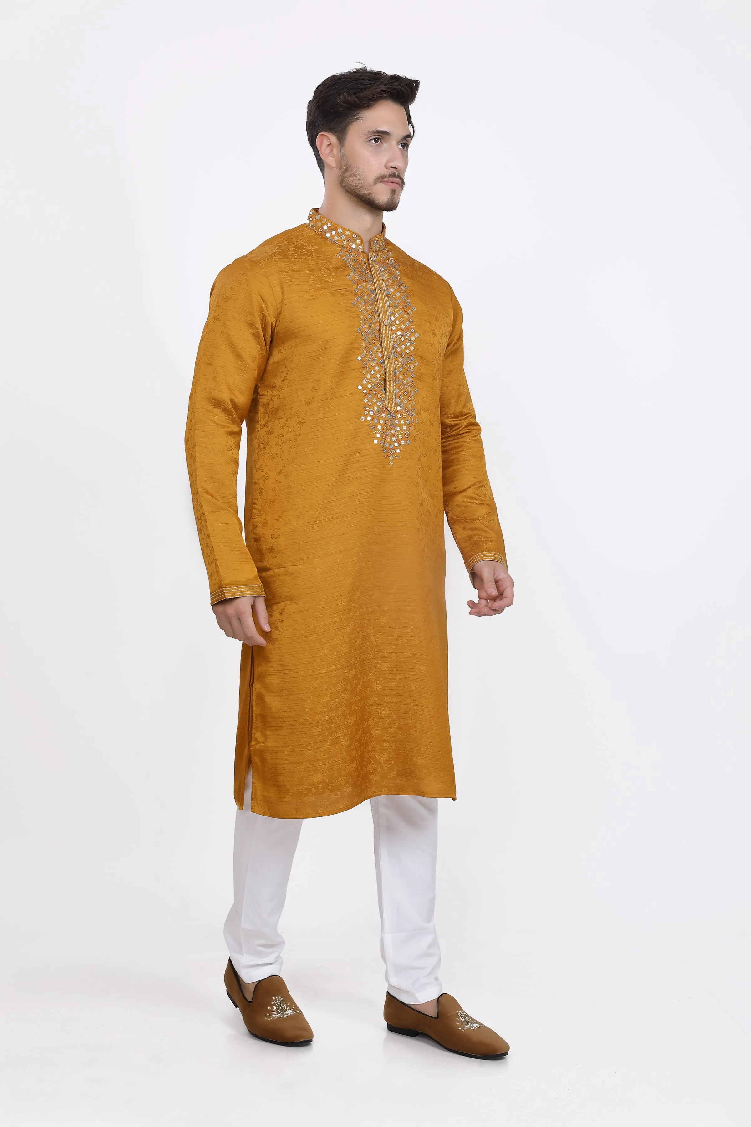 Ochre yellow mens kurta pyjama