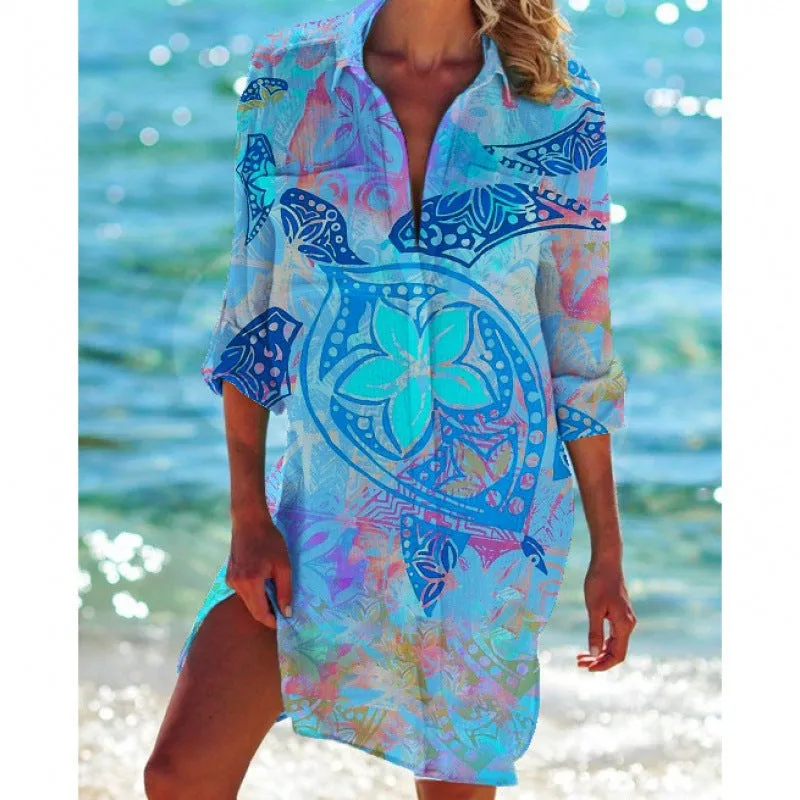 Printed Long Sleeve Beach Shirt Dress