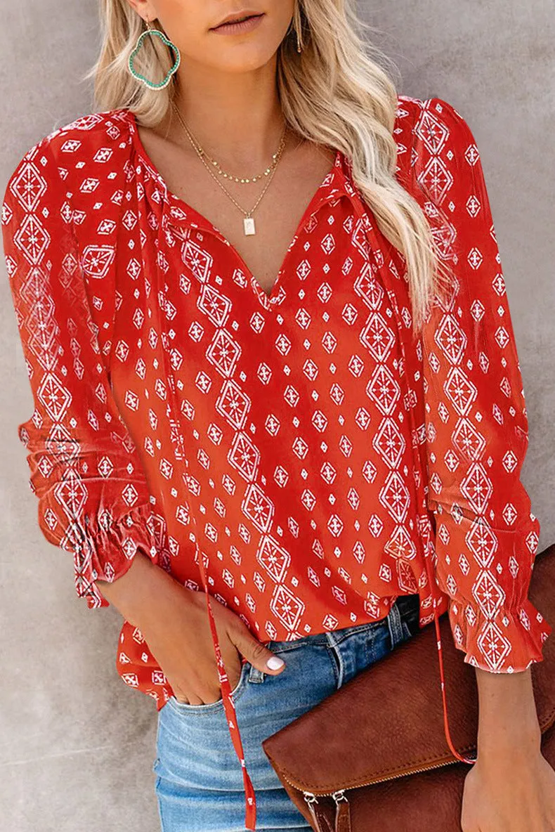 Printed shirt v-neck long-sleeved t-shirt