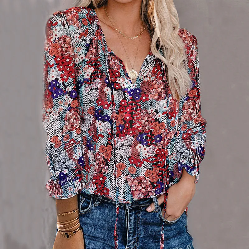 Printed shirt v-neck long-sleeved t-shirt