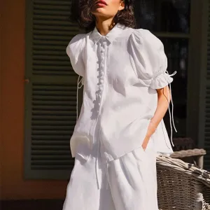 Puff sleeve lace white loose cotton and linen short-sleeved loose casual women's shirt