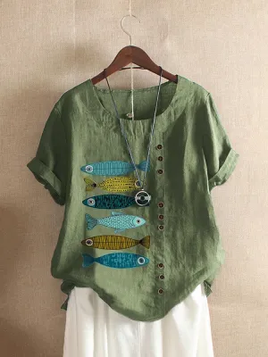 Retro cotton and linen print loose casual shirt