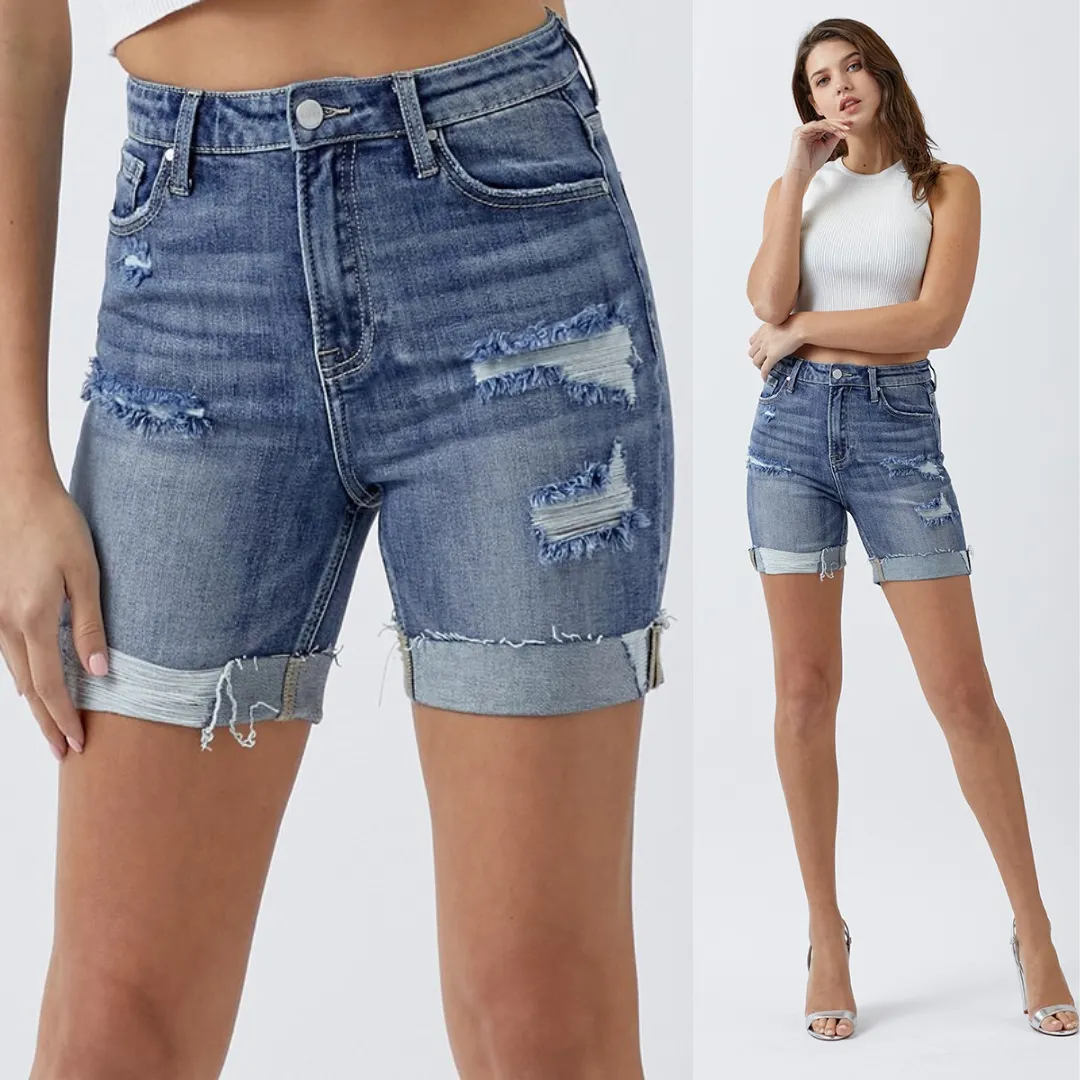 Risen High Rise Cuffed Distressed Shorts