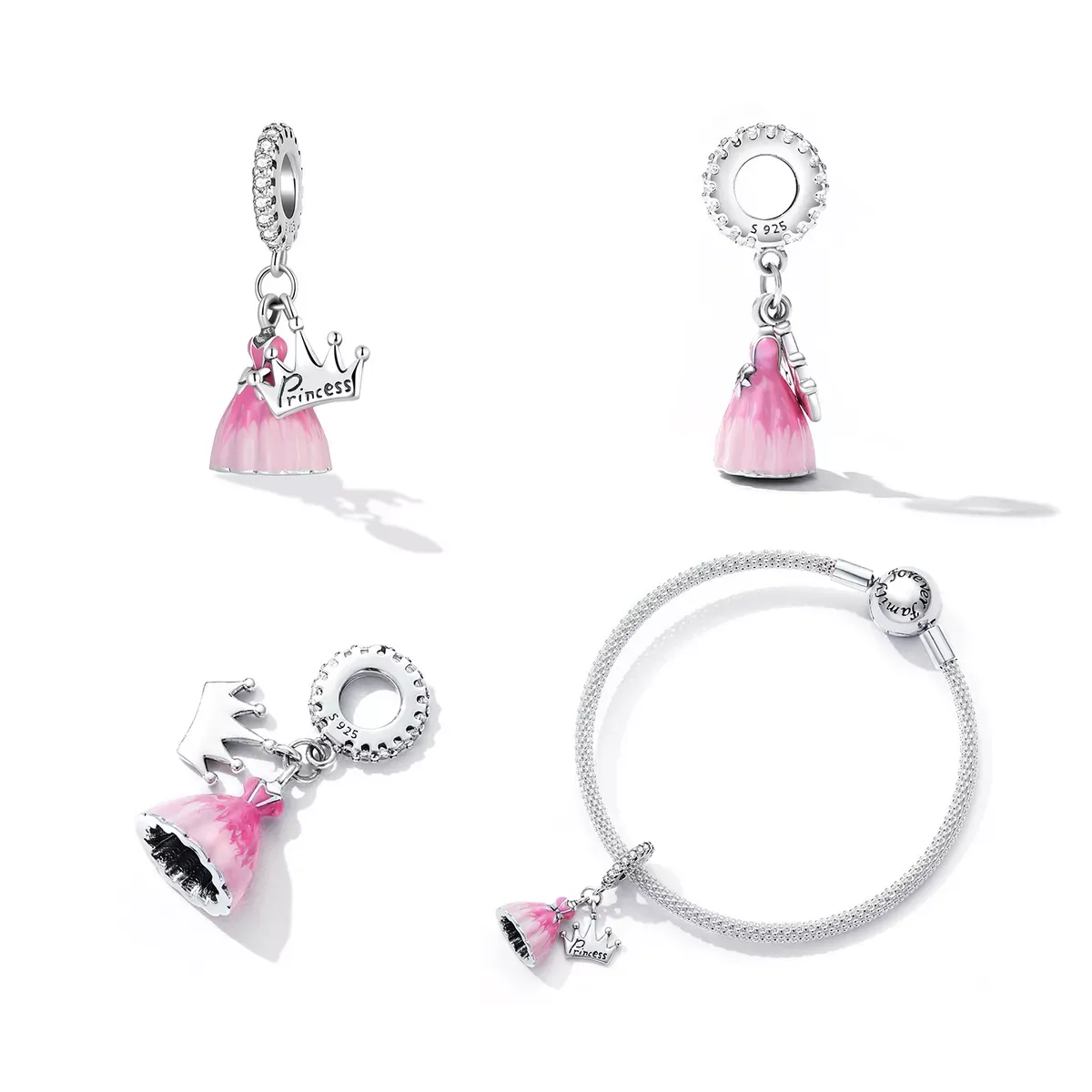 Tiara Princess Pink Gown Charm 925 Sterling Silver