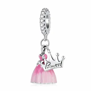 Tiara Princess Pink Gown Charm 925 Sterling Silver