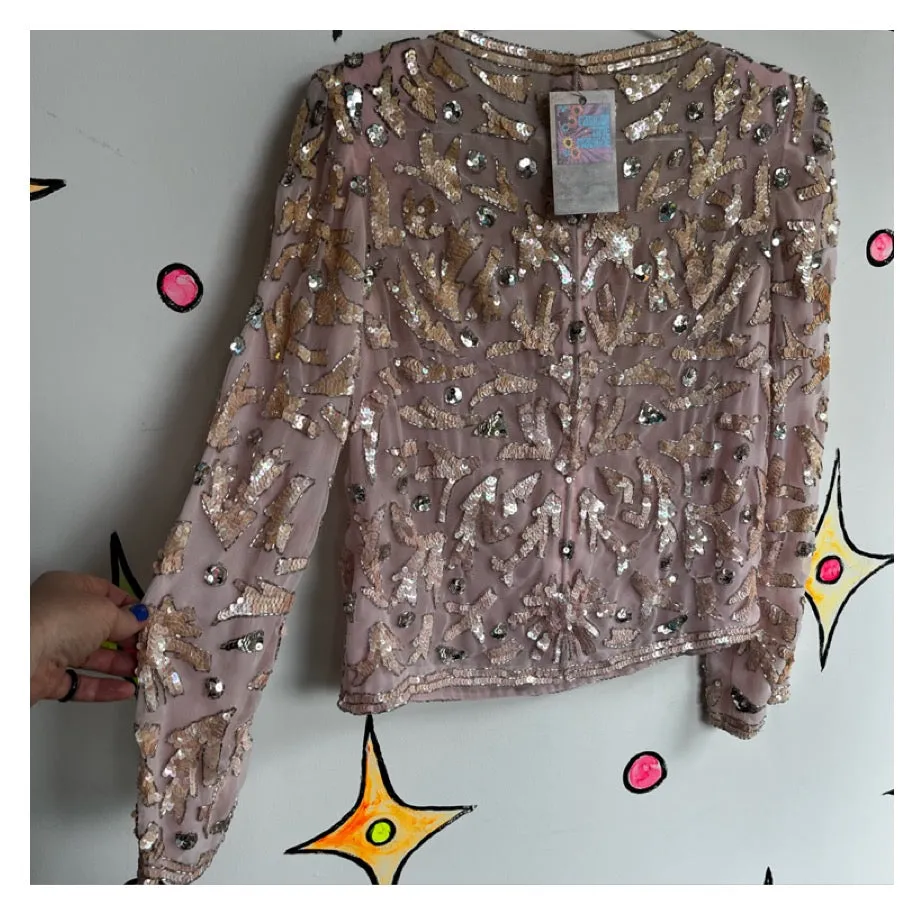 Vintage 80s 90s | Sequined Beaded Abstract Pink Blouse Top | Size 6