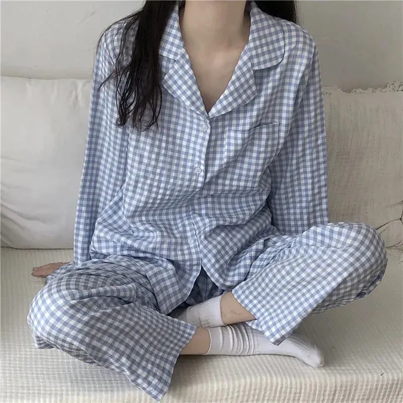 Wenkouban Cute Grid Girls Pajamas Set Korean Autumn Winter New Long Sleeve Leisure Sleepwear Women Loose Nightwear Homewear Suit