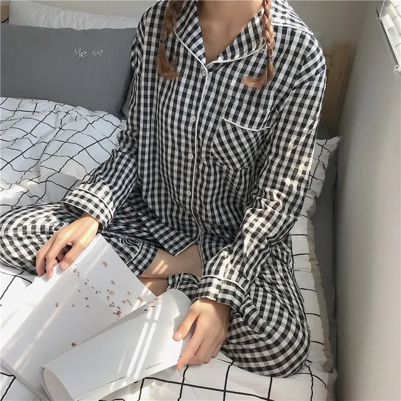 Wenkouban Cute Grid Girls Pajamas Set Korean Autumn Winter New Long Sleeve Leisure Sleepwear Women Loose Nightwear Homewear Suit