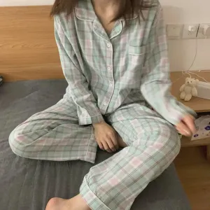 Wenkouban Cute Grid Girls Pajamas Set Korean Autumn Winter New Long Sleeve Leisure Sleepwear Women Loose Nightwear Homewear Suit