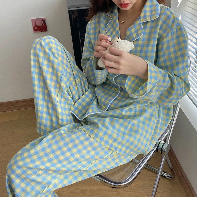 Wenkouban Cute Grid Girls Pajamas Set Korean Autumn Winter New Long Sleeve Leisure Sleepwear Women Loose Nightwear Homewear Suit