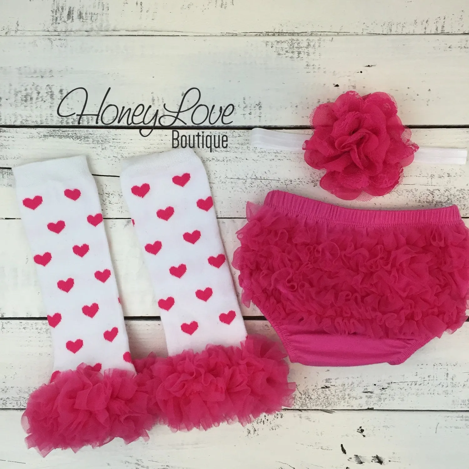 White/Hot Pink Heart leg warmers, flower headband, ruffle bottom bloomers