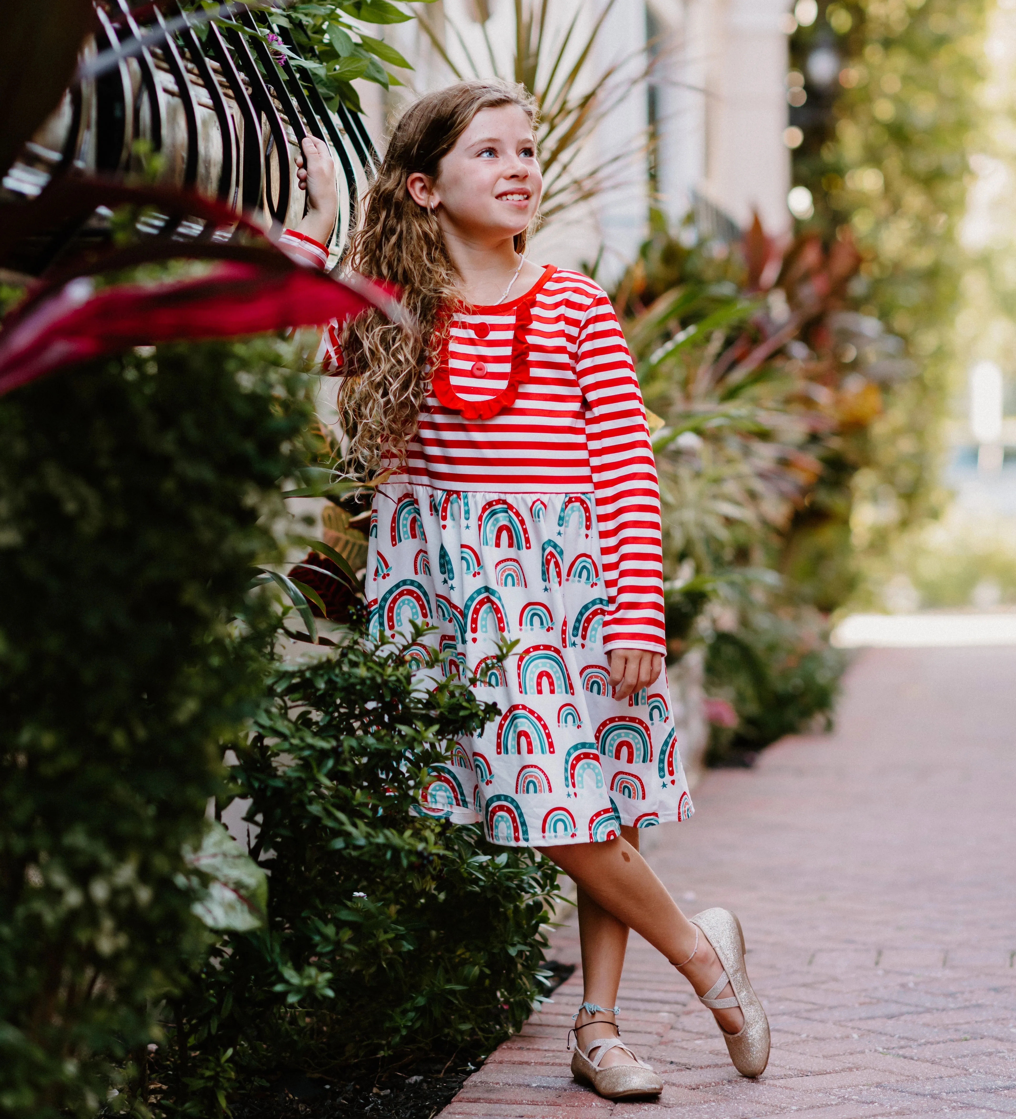 Winter Fun Girls Dresses - Red & Green Rainbow - Top Stripes & Buttons