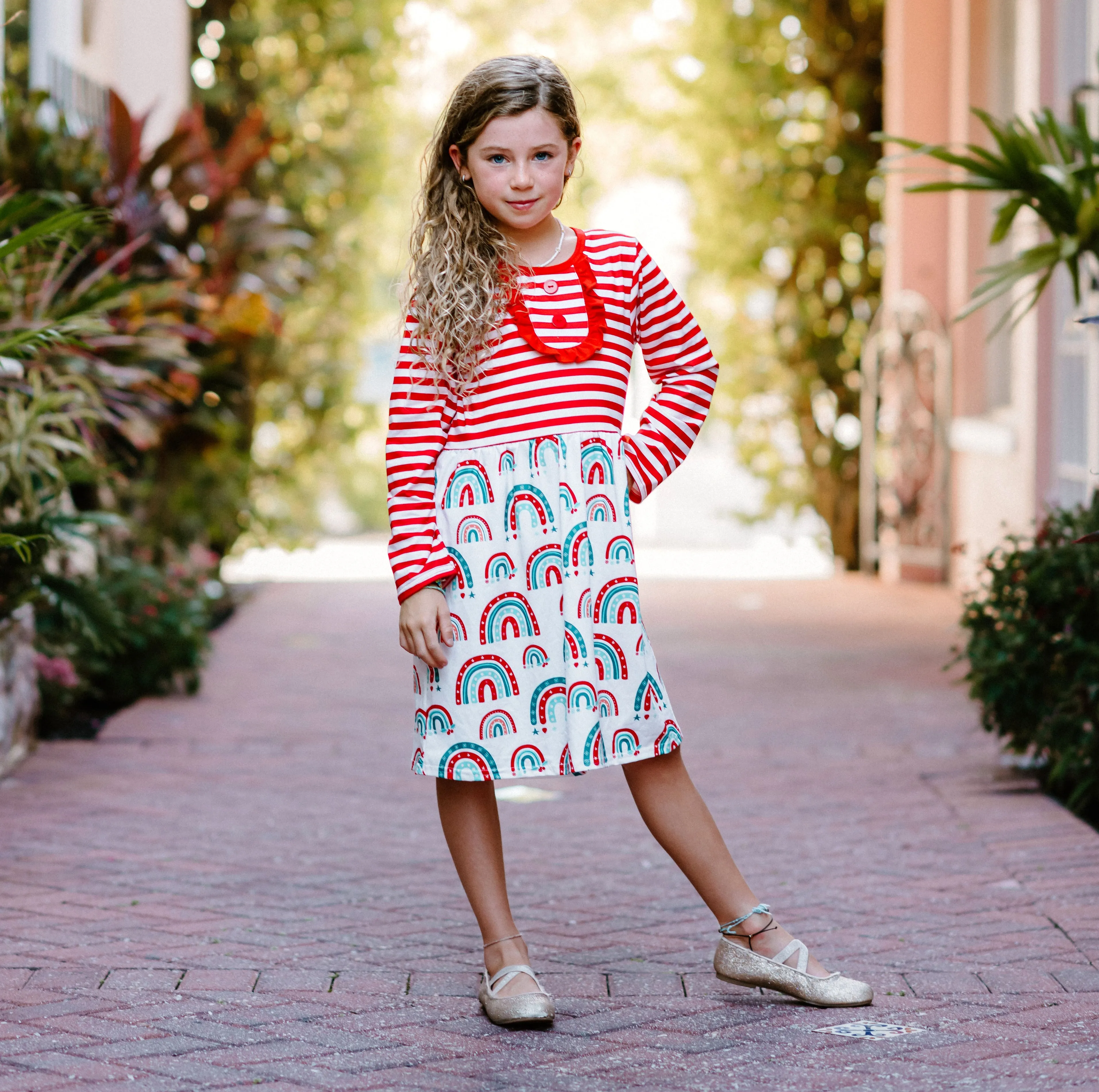 Winter Fun Girls Dresses - Red & Green Rainbow - Top Stripes & Buttons