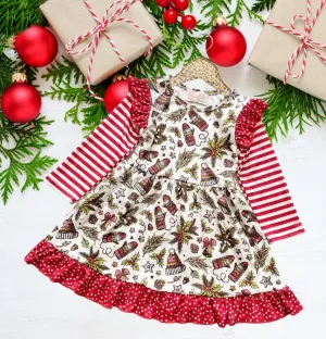 Winter Fun Girls Twirl Dresses - Red & Olive Green Vintage Mitts & Hats