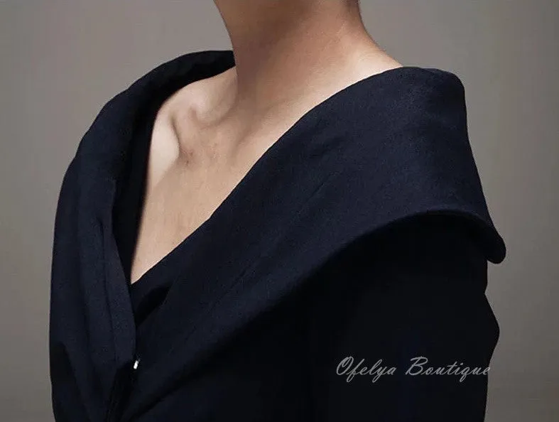 Women Draped Pleating Asymmetric Hem Woolen Dress Jacket