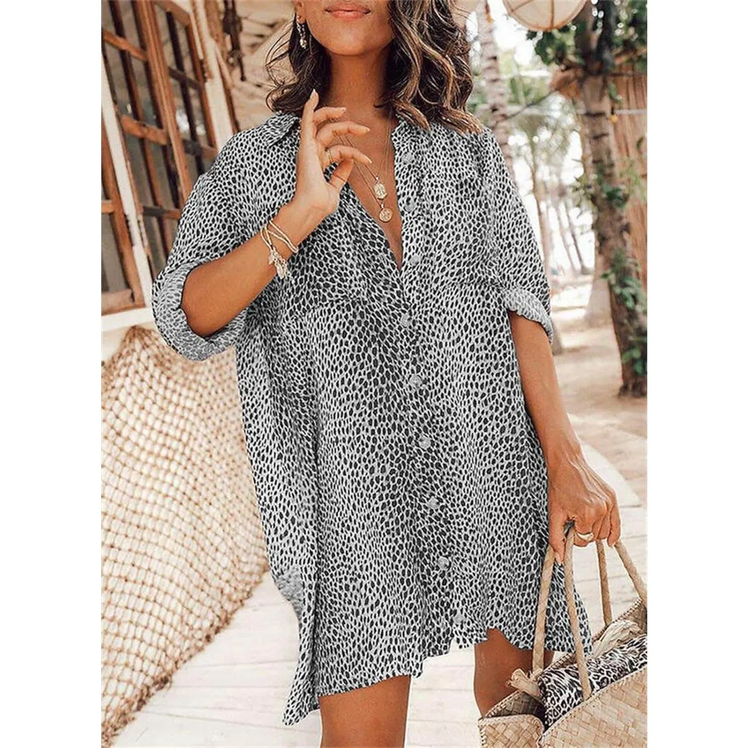 Women's Casual Leopard Print Shirt Dress