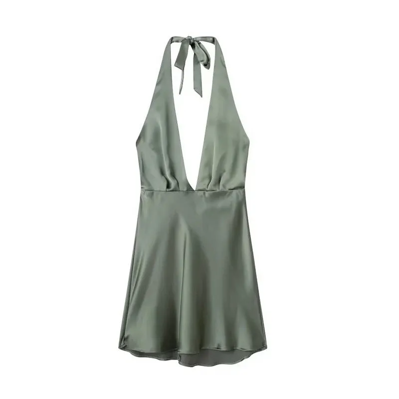 Women's Fashion Silk Satin Texture Mini Halter Dress