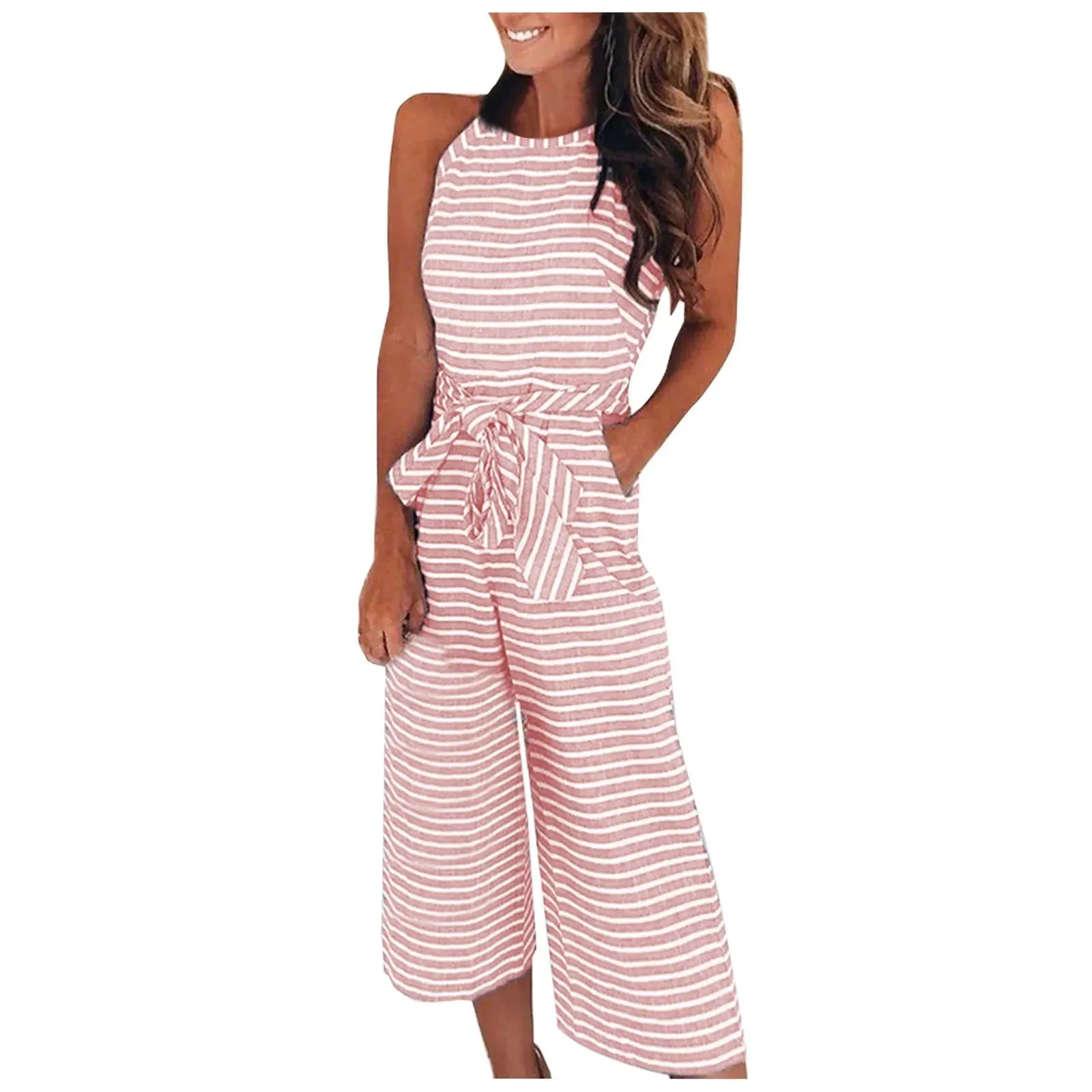 Women's Fashion Slim Sexy Pocket Striped Round Neck Sleeveless Jumpsuit