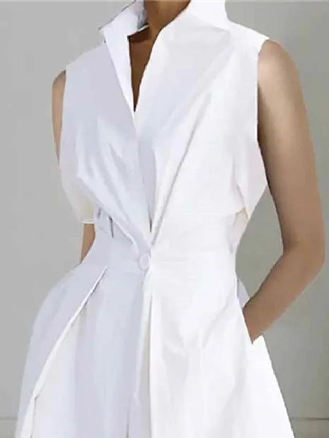 Women's Shirt Dress Cotton Linen Dress Wrap Dress Maxi long Dress Cotton Blend Fashion Elegant Outdoor Office Business Shirt Collar Button Pocket Sleeveless Summer Spring 2023 Loose Fit White Plain S