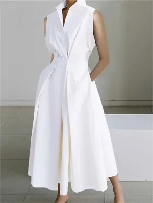 Women's Shirt Dress Cotton Linen Dress Wrap Dress Maxi long Dress Cotton Blend Fashion Elegant Outdoor Office Business Shirt Collar Button Pocket Sleeveless Summer Spring 2023 Loose Fit White Plain S